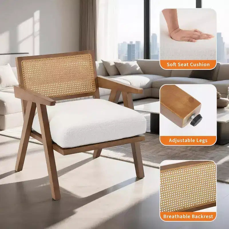 Fauteuil, Dossier Rotin, Pieds Bois, Coussins Épais, Fauteuil de Salon Chambre Balcon, Lin Beige ou Flanelle Teddy