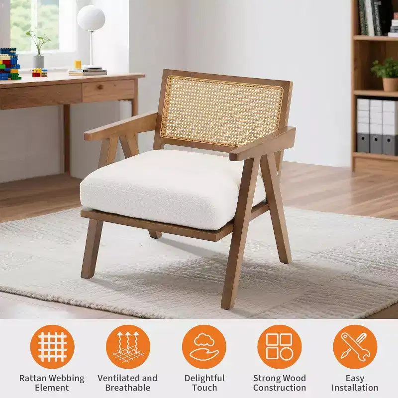 Fauteuil, Dossier Rotin, Pieds Bois, Coussins Épais, Fauteuil de Salon Chambre Balcon, Lin Beige ou Flanelle Teddy