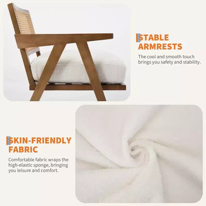 Fauteuil, Dossier Rotin, Pieds Bois, Coussins Épais, Fauteuil de Salon Chambre Balcon, Lin Beige ou Flanelle Teddy