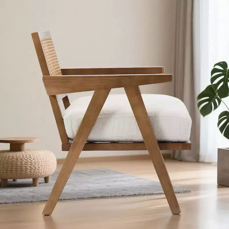 Fauteuil, Dossier Rotin, Pieds Bois, Coussins Épais, Fauteuil de Salon Chambre Balcon, Lin Beige ou Flanelle Teddy
