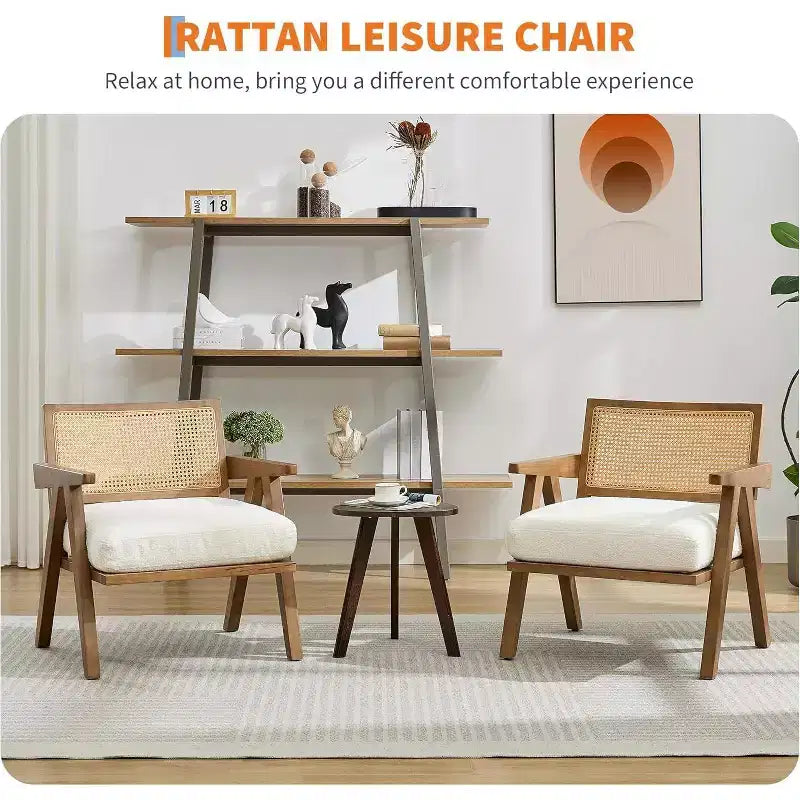 Fauteuil, Dossier Rotin, Pieds Bois, Coussins Épais, Fauteuil de Salon Chambre Balcon, Lin Beige ou Flanelle Teddy