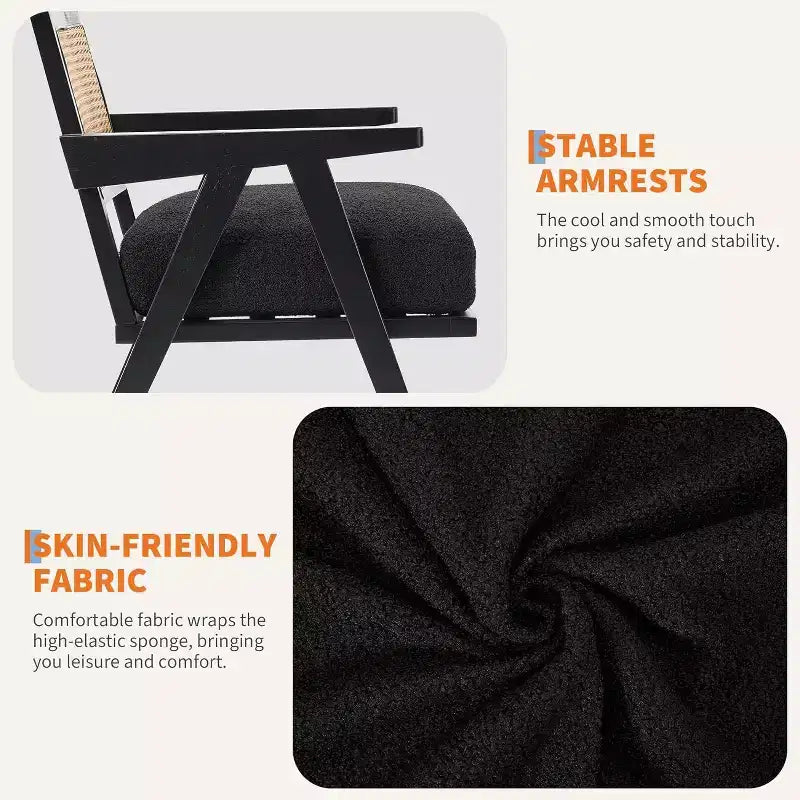 Fauteuil, Dossier Rotin, Pieds Bois, Coussins Épais, Fauteuil de Salon Chambre Balcon, Lin Beige ou Flanelle Teddy