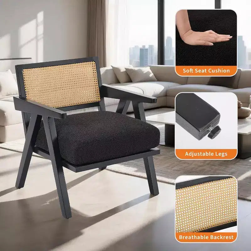 Fauteuil, Dossier Rotin, Pieds Bois, Coussins Épais, Fauteuil de Salon Chambre Balcon, Lin Beige ou Flanelle Teddy