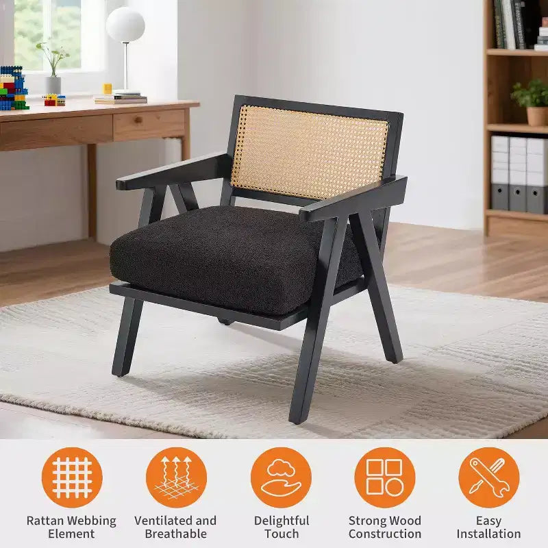 Fauteuil, Dossier Rotin, Pieds Bois, Coussins Épais, Fauteuil de Salon Chambre Balcon, Lin Beige ou Flanelle Teddy