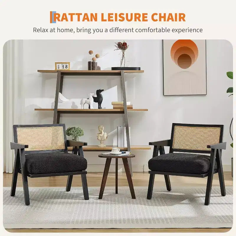 Fauteuil, Dossier Rotin, Pieds Bois, Coussins Épais, Fauteuil de Salon Chambre Balcon, Lin Beige ou Flanelle Teddy