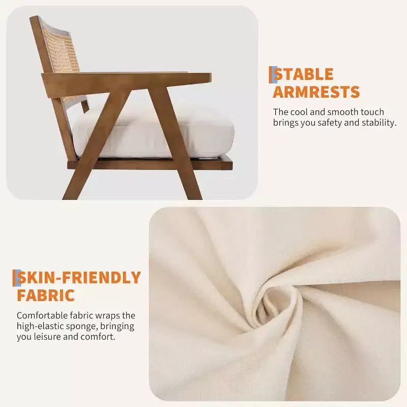 Fauteuil, Dossier Rotin, Pieds Bois, Coussins Épais, Fauteuil de Salon Chambre Balcon, Lin Beige ou Flanelle Teddy