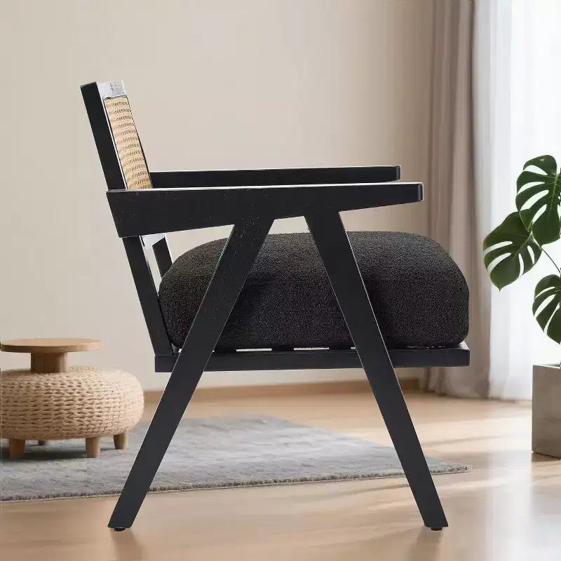 Fauteuil, Dossier Rotin, Pieds Bois, Coussins Épais, Fauteuil de Salon Chambre Balcon, Lin Beige ou Flanelle Teddy
