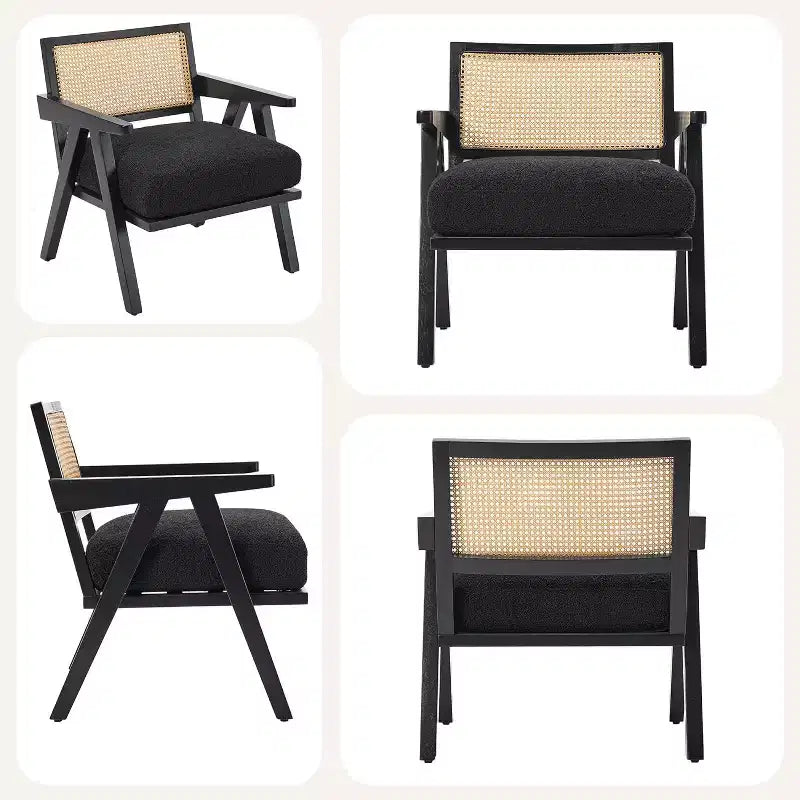 Fauteuil, Dossier Rotin, Pieds Bois, Coussins Épais, Fauteuil de Salon Chambre Balcon, Lin Beige ou Flanelle Teddy