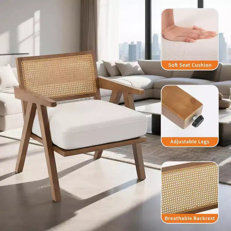 Fauteuil, Dossier Rotin, Pieds Bois, Coussins Épais, Fauteuil de Salon Chambre Balcon, Lin Beige ou Flanelle Teddy