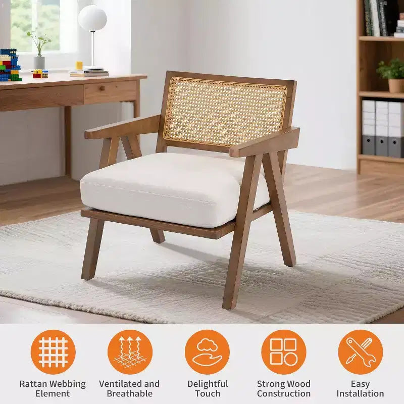 Fauteuil, Dossier Rotin, Pieds Bois, Coussins Épais, Fauteuil de Salon Chambre Balcon, Lin Beige ou Flanelle Teddy