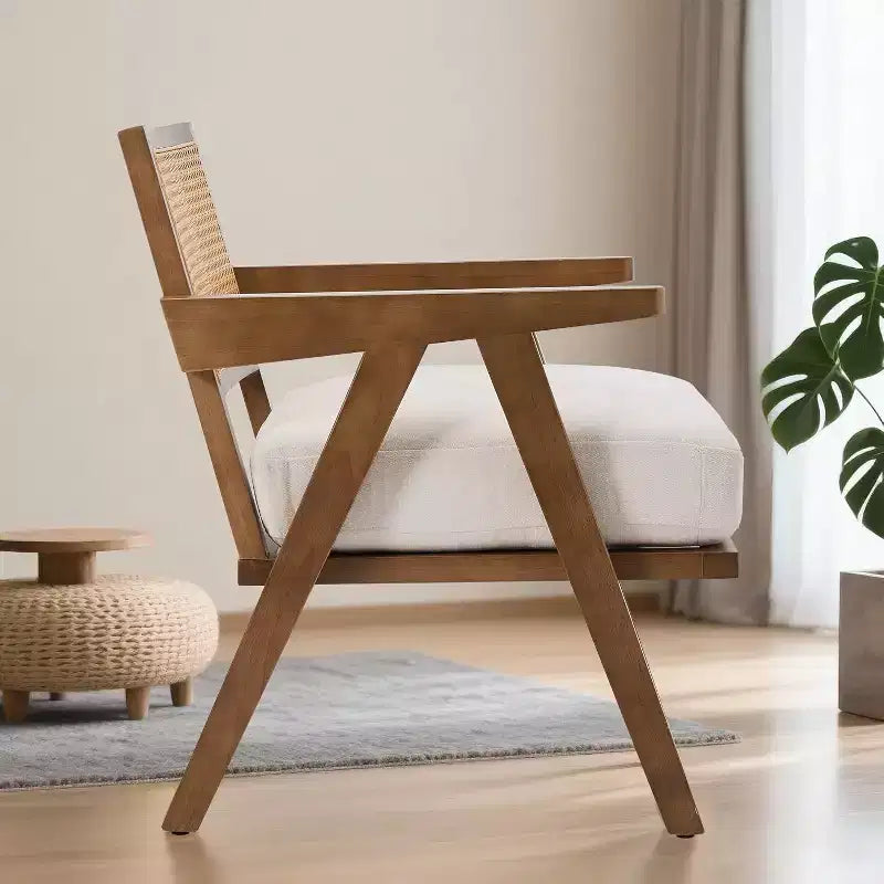 Fauteuil, Dossier Rotin, Pieds Bois, Coussins Épais, Fauteuil de Salon Chambre Balcon, Lin Beige ou Flanelle Teddy