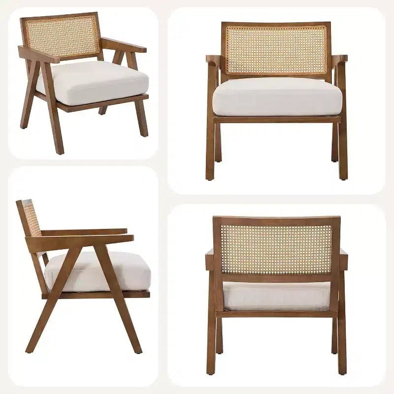 Fauteuil, Dossier Rotin, Pieds Bois, Coussins Épais, Fauteuil de Salon Chambre Balcon, Lin Beige ou Flanelle Teddy