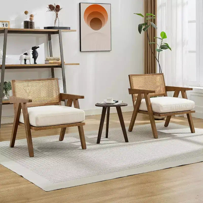 Fauteuil, Dossier Rotin, Pieds Bois, Coussins Épais, Fauteuil de Salon Chambre Balcon, Lin Beige ou Flanelle Teddy