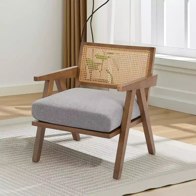 Fauteuil, Dossier Rotin, Pieds Bois, Coussins Épais, Fauteuil de Salon Chambre Balcon, Lin Beige ou Flanelle Teddy