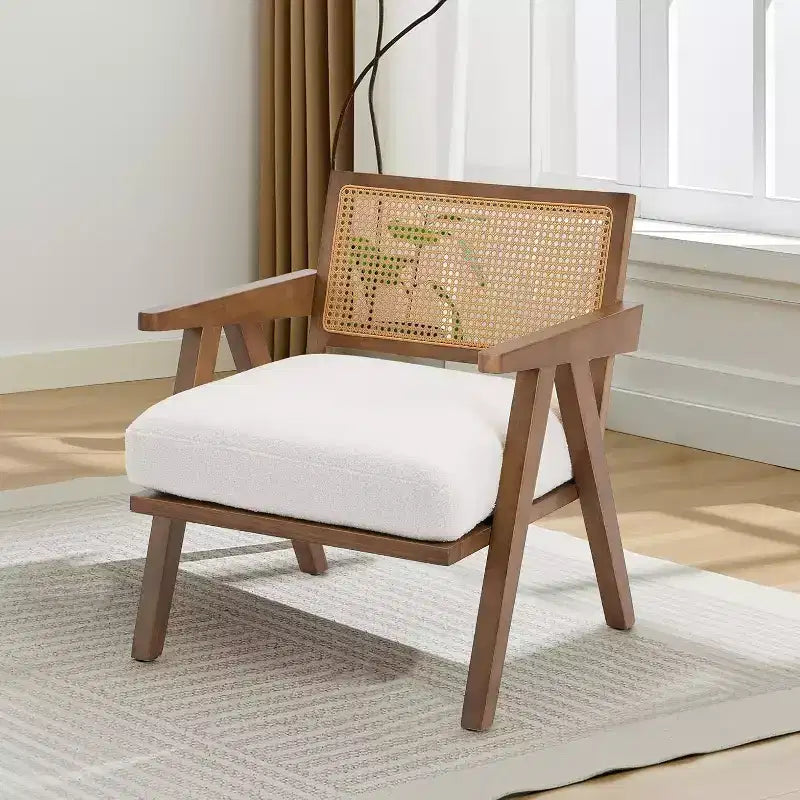 Fauteuil, Dossier Rotin, Pieds Bois, Coussins Épais, Fauteuil de Salon Chambre Balcon, Lin Beige ou Flanelle Teddy