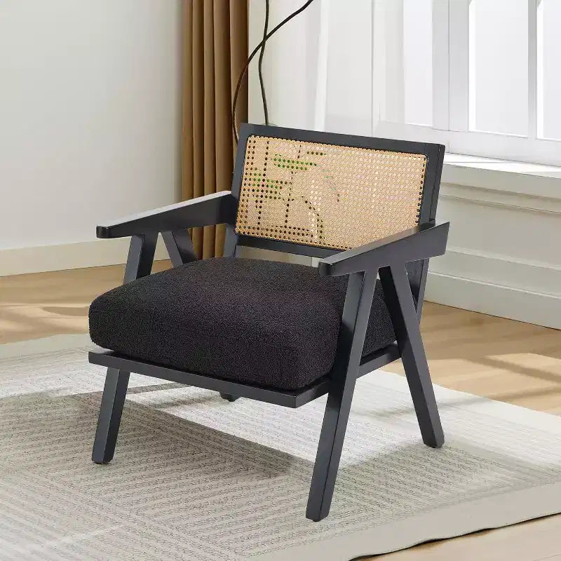 Fauteuil, Dossier Rotin, Pieds Bois, Coussins Épais, Fauteuil de Salon Chambre Balcon, Lin Beige ou Flanelle Teddy