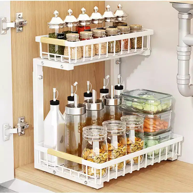 Organisateur sous évier, étagère coulissante en métal pour armoire, organisateur et rangement de cuisine et salle de bain avec 2 tiroirs coulissants pour épices.