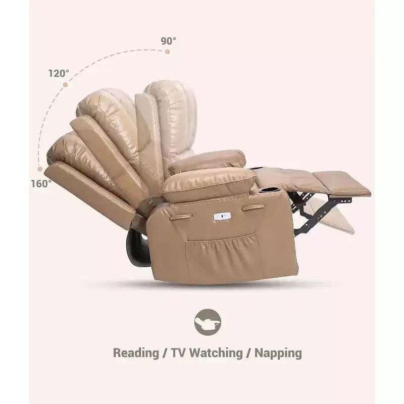 Canapé Inclinable Électrique avec Massage, Fauteuil Pivotant et à Bascule, Port USB, Porte-Gobelets, Poches Latérales, Assise Extra-Large, Salon