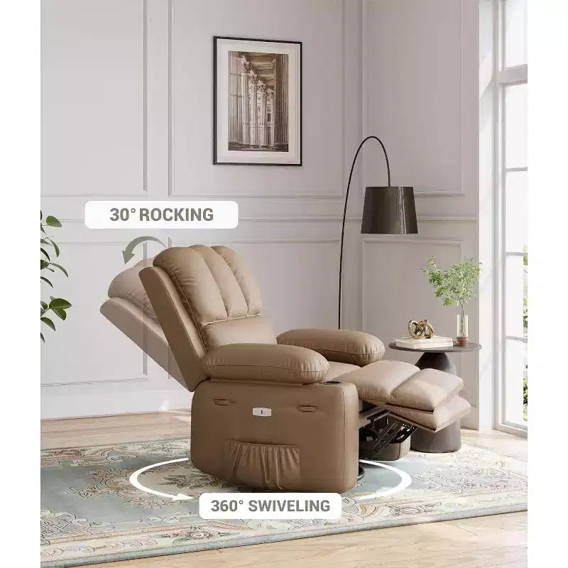 Canapé Inclinable Électrique avec Massage, Fauteuil Pivotant et à Bascule, Port USB, Porte-Gobelets, Poches Latérales, Assise Extra-Large, Salon