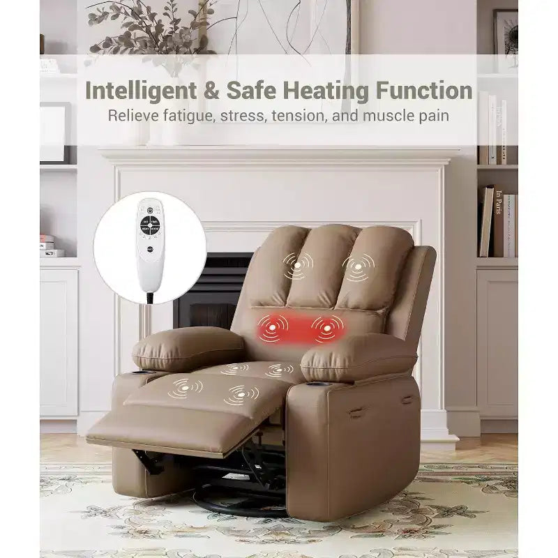 Canapé Inclinable Électrique avec Massage, Fauteuil Pivotant et à Bascule, Port USB, Porte-Gobelets, Poches Latérales, Assise Extra-Large, Salon