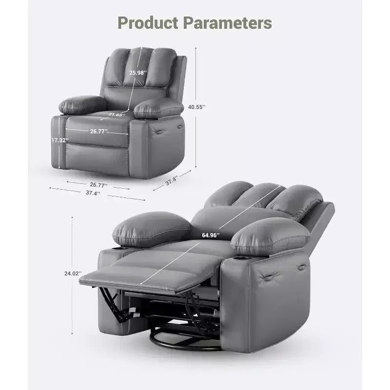 Canapé Inclinable Électrique avec Massage, Fauteuil Pivotant et à Bascule, Port USB, Porte-Gobelets, Poches Latérales, Assise Extra-Large, Salon