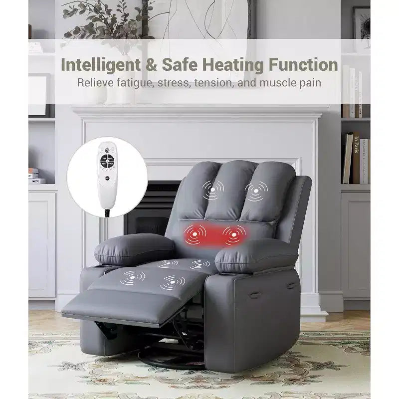 Canapé Inclinable Électrique avec Massage, Fauteuil Pivotant et à Bascule, Port USB, Porte-Gobelets, Poches Latérales, Assise Extra-Large, Salon