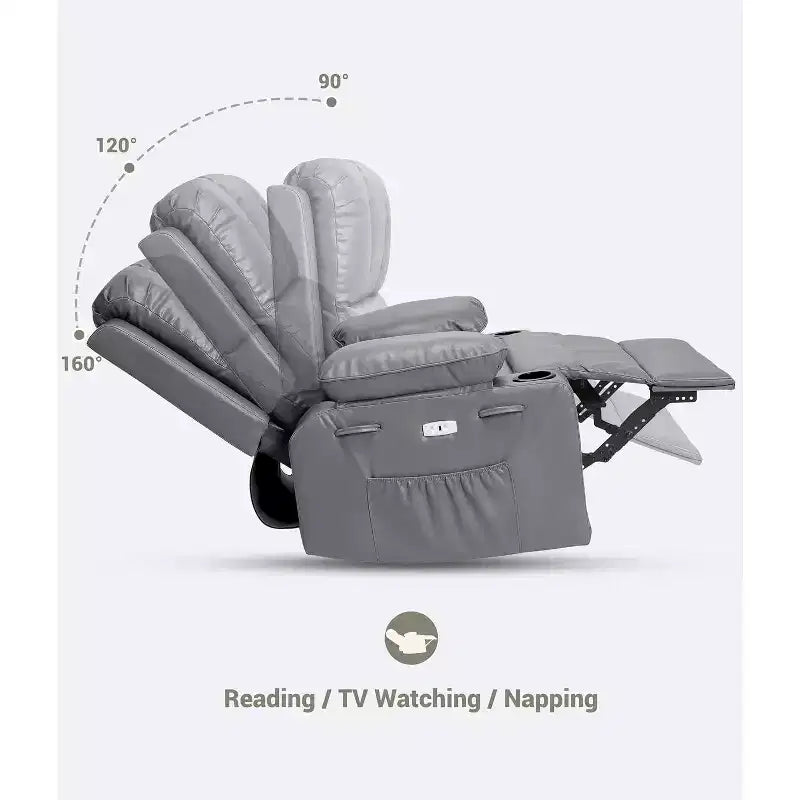 Canapé Inclinable Électrique avec Massage, Fauteuil Pivotant et à Bascule, Port USB, Porte-Gobelets, Poches Latérales, Assise Extra-Large, Salon