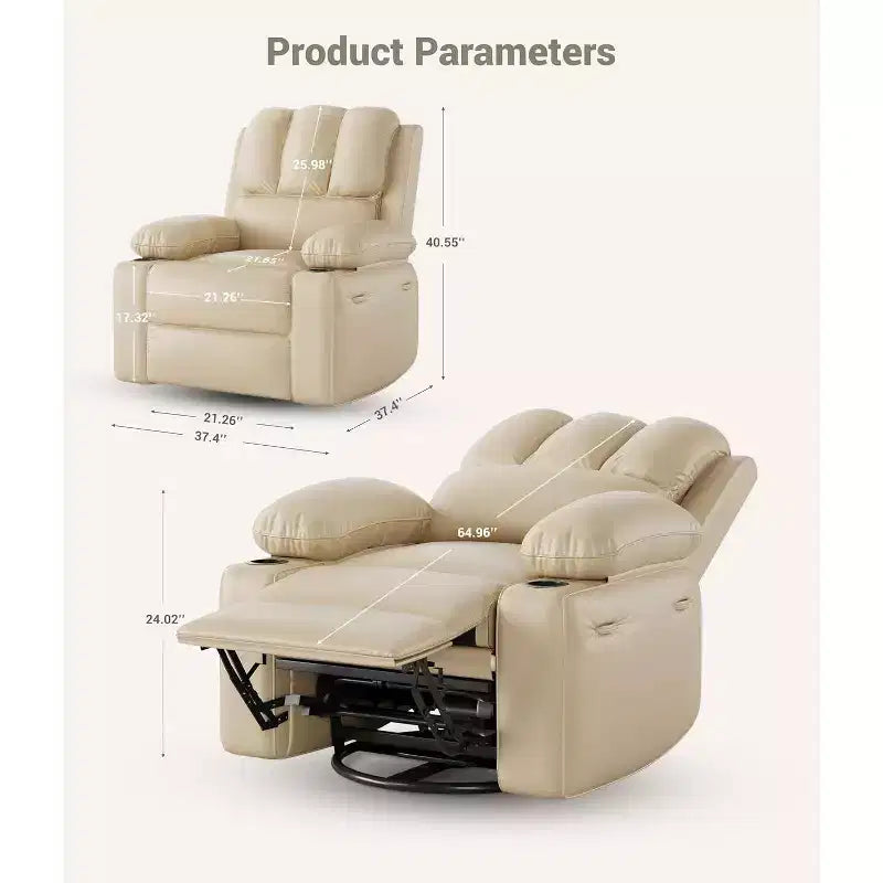 Canapé Inclinable Électrique avec Massage, Fauteuil Pivotant et à Bascule, Port USB, Porte-Gobelets, Poches Latérales, Assise Extra-Large, Salon