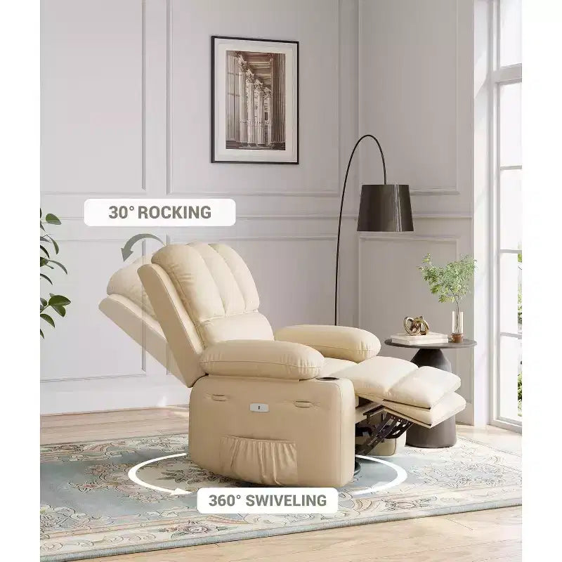 Canapé Inclinable Électrique avec Massage, Fauteuil Pivotant et à Bascule, Port USB, Porte-Gobelets, Poches Latérales, Assise Extra-Large, Salon