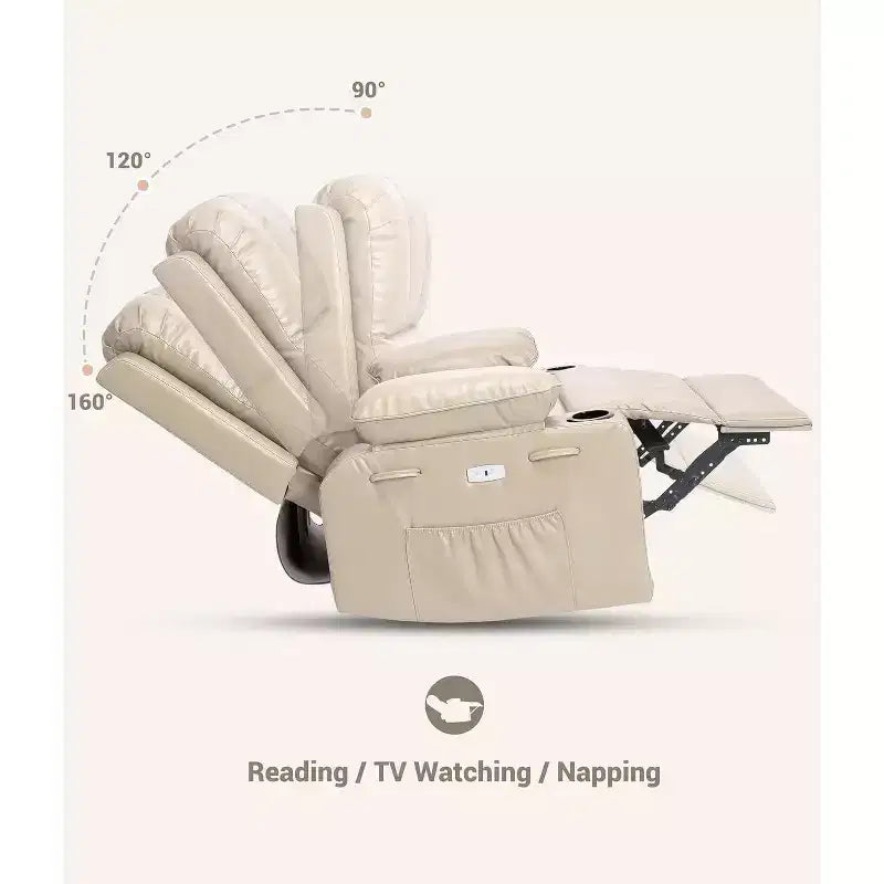 Canapé Inclinable Électrique avec Massage, Fauteuil Pivotant et à Bascule, Port USB, Porte-Gobelets, Poches Latérales, Assise Extra-Large, Salon
