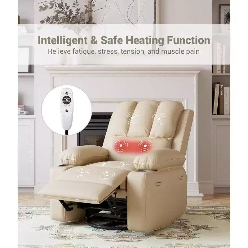 Canapé Inclinable Électrique avec Massage, Fauteuil Pivotant et à Bascule, Port USB, Porte-Gobelets, Poches Latérales, Assise Extra-Large, Salon