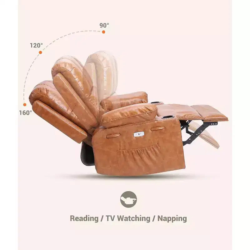 Canapé Inclinable Électrique avec Massage, Fauteuil Pivotant et à Bascule, Port USB, Porte-Gobelets, Poches Latérales, Assise Extra-Large, Salon