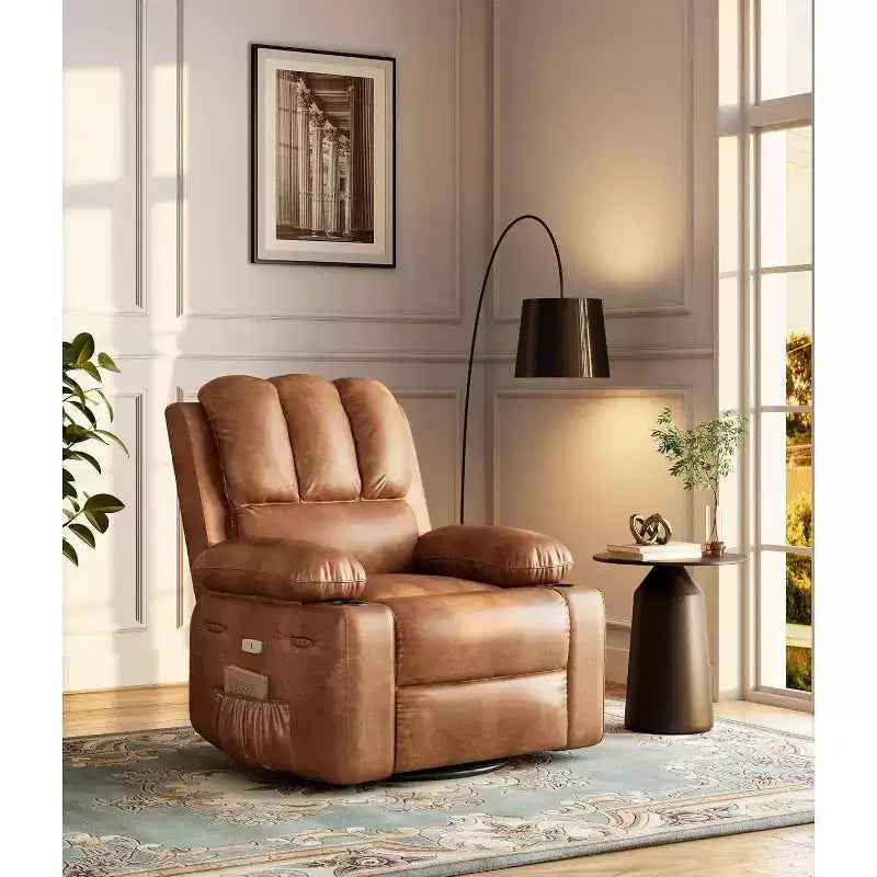 Canapé Inclinable Électrique avec Massage, Fauteuil Pivotant et à Bascule, Port USB, Porte-Gobelets, Poches Latérales, Assise Extra-Large, Salon