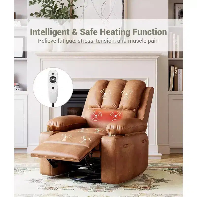 Canapé Inclinable Électrique avec Massage, Fauteuil Pivotant et à Bascule, Port USB, Porte-Gobelets, Poches Latérales, Assise Extra-Large, Salon