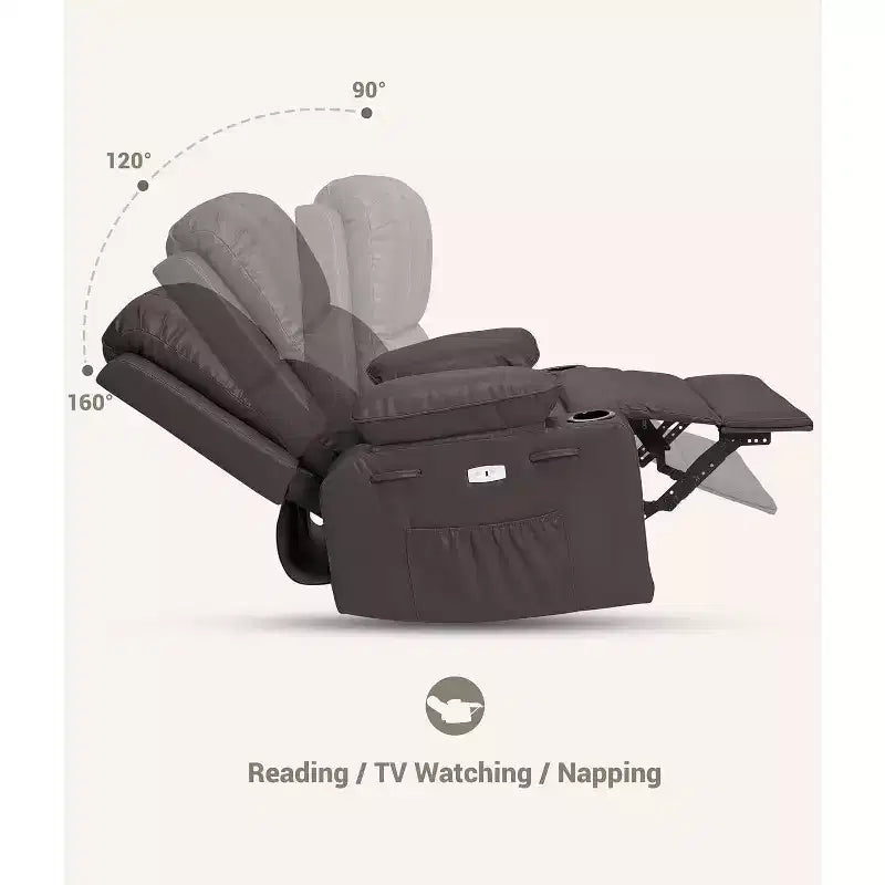 Canapé Inclinable Électrique avec Massage, Fauteuil Pivotant et à Bascule, Port USB, Porte-Gobelets, Poches Latérales, Assise Extra-Large, Salon