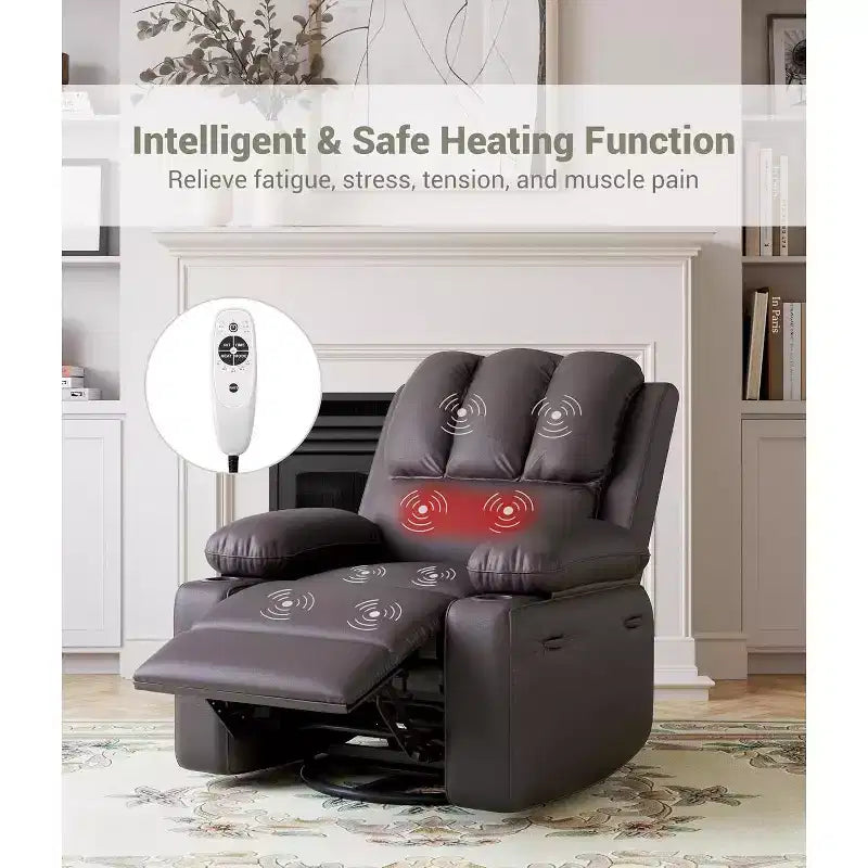 Canapé Inclinable Électrique avec Massage, Fauteuil Pivotant et à Bascule, Port USB, Porte-Gobelets, Poches Latérales, Assise Extra-Large, Salon