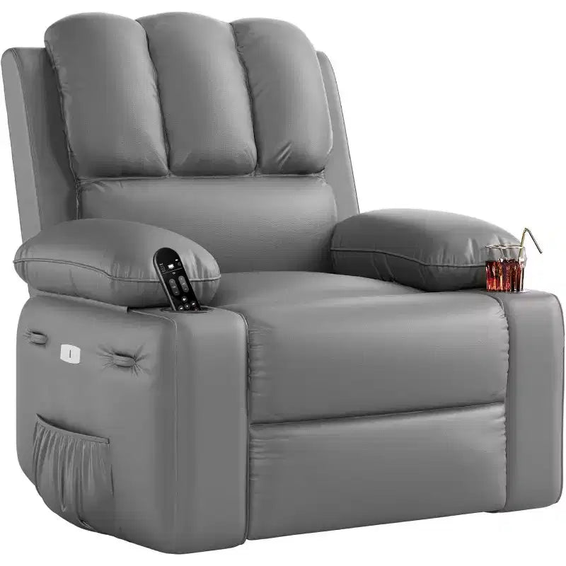 Canapé Inclinable Électrique avec Massage, Fauteuil Pivotant et à Bascule, Port USB, Porte-Gobelets, Poches Latérales, Assise Extra-Large, Salon