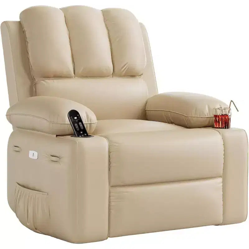Canapé Inclinable Électrique avec Massage, Fauteuil Pivotant et à Bascule, Port USB, Porte-Gobelets, Poches Latérales, Assise Extra-Large, Salon
