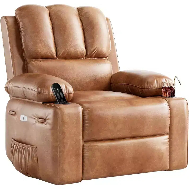 Canapé Inclinable Électrique avec Massage, Fauteuil Pivotant et à Bascule, Port USB, Porte-Gobelets, Poches Latérales, Assise Extra-Large, Salon