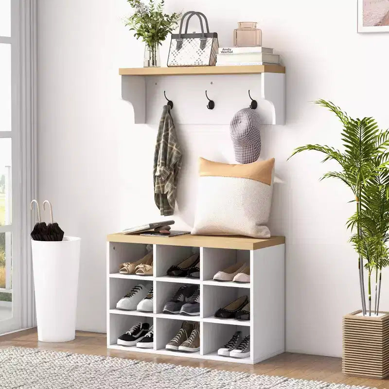 Meuble d'entrée avec 9 rangements à chaussures, portemanteau et banc à chaussures 2 en 1 pour couloir moderne, blanc
