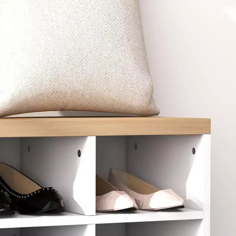 Meuble d'entrée avec 9 rangements à chaussures, portemanteau et banc à chaussures 2 en 1 pour couloir moderne, blanc
