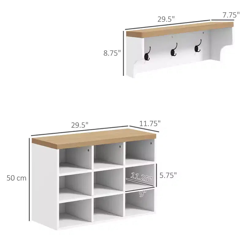 Meuble d'entrée avec 9 rangements à chaussures, portemanteau et banc à chaussures 2 en 1 pour couloir moderne, blanc