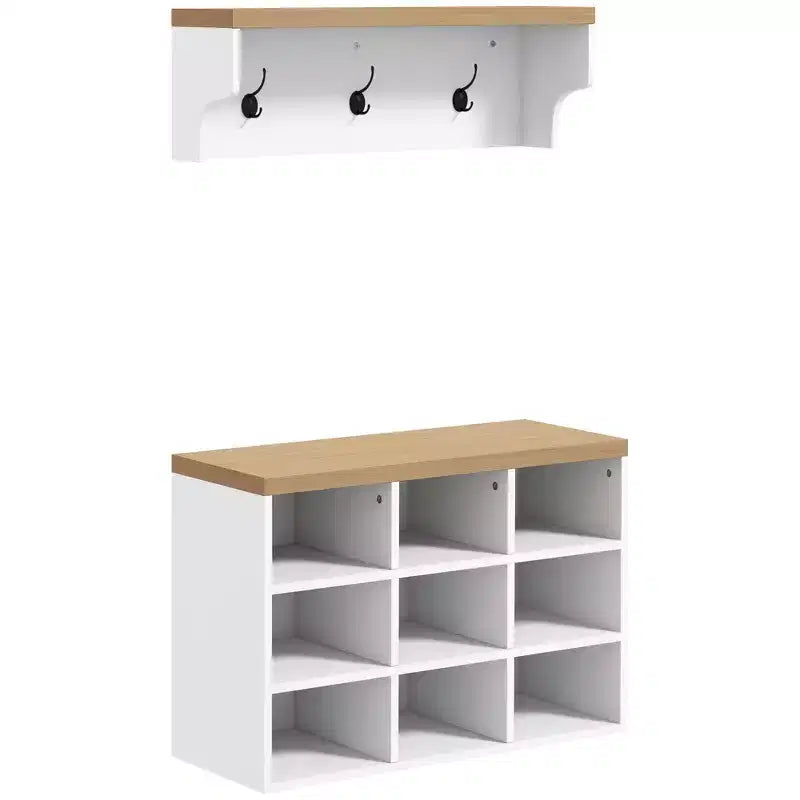 Meuble d'entrée avec 9 rangements à chaussures, portemanteau et banc à chaussures 2 en 1 pour couloir moderne, blanc