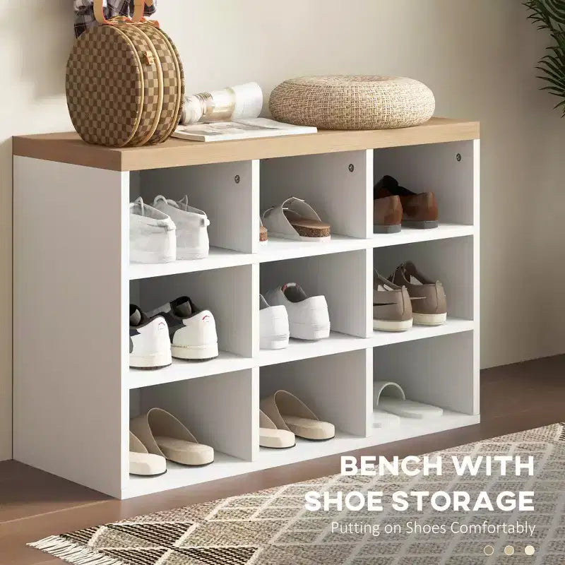 Meuble d'entrée avec 9 rangements à chaussures, portemanteau et banc à chaussures 2 en 1 pour couloir moderne, blanc