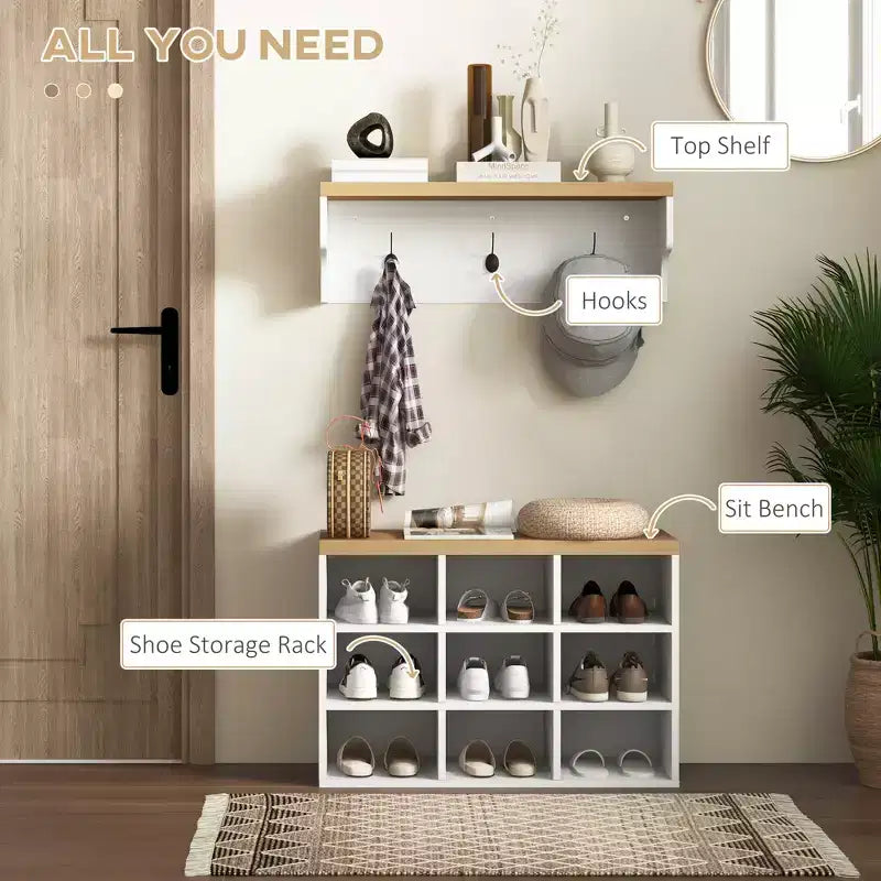 Meuble d'entrée avec 9 rangements à chaussures, portemanteau et banc à chaussures 2 en 1 pour couloir moderne, blanc