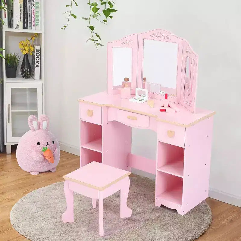 Acekool Kids Vanity Set with Stool, Tri-Fold Mirror, Storage Drawers &amp; Open Shelves, Pink Makeup Desk for Girls Ages 3+