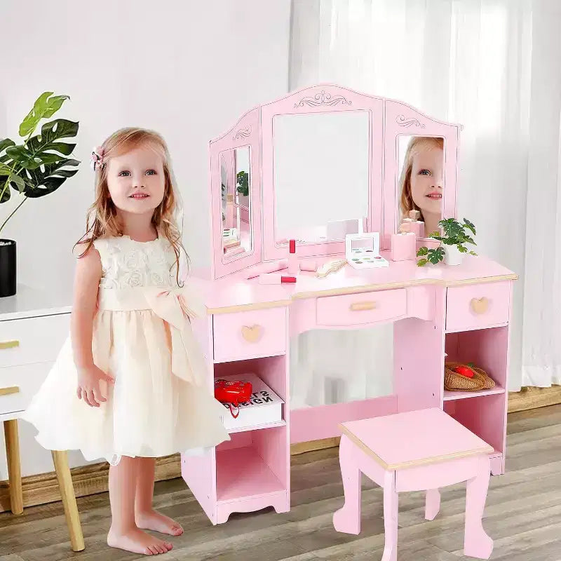 Coiffeuse enfant avec tabouret, miroir triptyque, tiroirs de rangement et étagères ouvertes, coiffeuse rose pour filles de 3 ans et plus