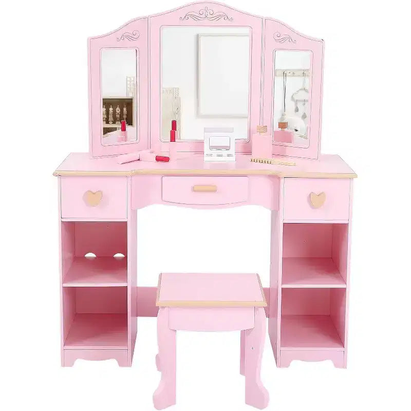 Coiffeuse enfant avec tabouret, miroir triptyque, tiroirs de rangement et étagères ouvertes, coiffeuse rose pour filles de 3 ans et plus