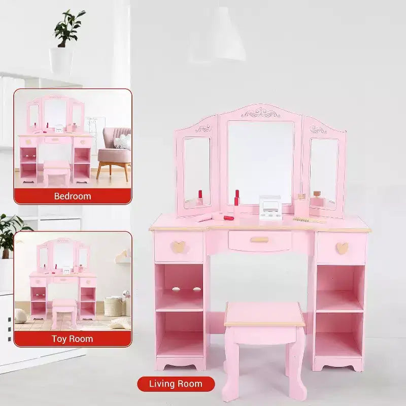 Coiffeuse enfant avec tabouret, miroir triptyque, tiroirs de rangement et étagères ouvertes, coiffeuse rose pour filles de 3 ans et plus