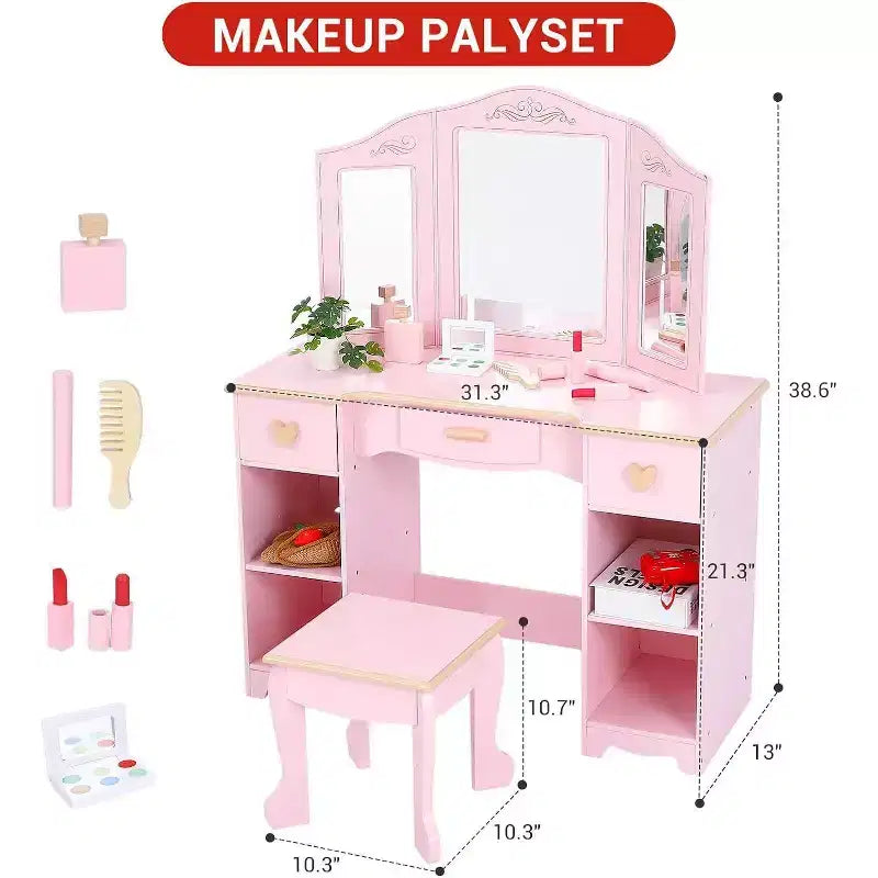 Coiffeuse enfant avec tabouret, miroir triptyque, tiroirs de rangement et étagères ouvertes, coiffeuse rose pour filles de 3 ans et plus